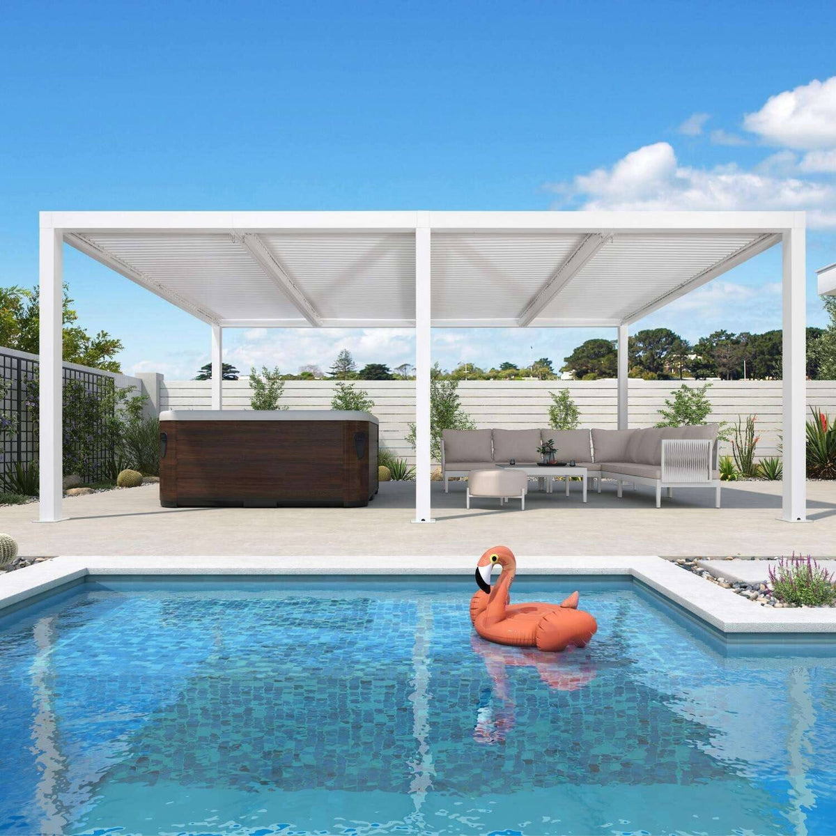 Louvered Pergola Modern White Pergola with Adjustable Roof for Deck Backyard Garden