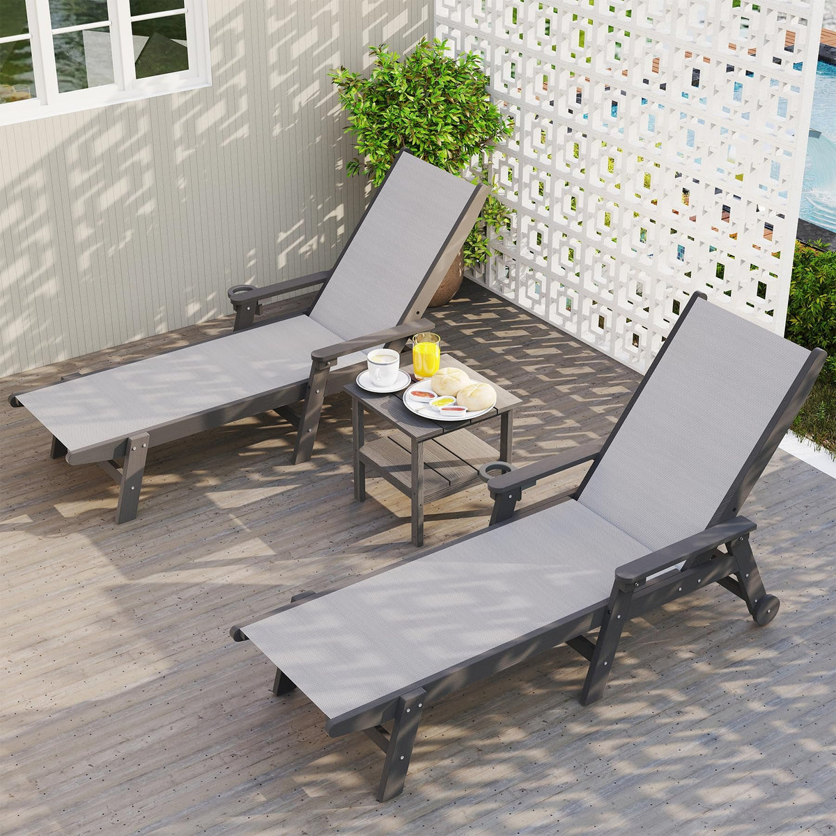 Outdoor Pool Lounge Chairs Set of 2, HDPE Patio Lounge Chair with Wheels