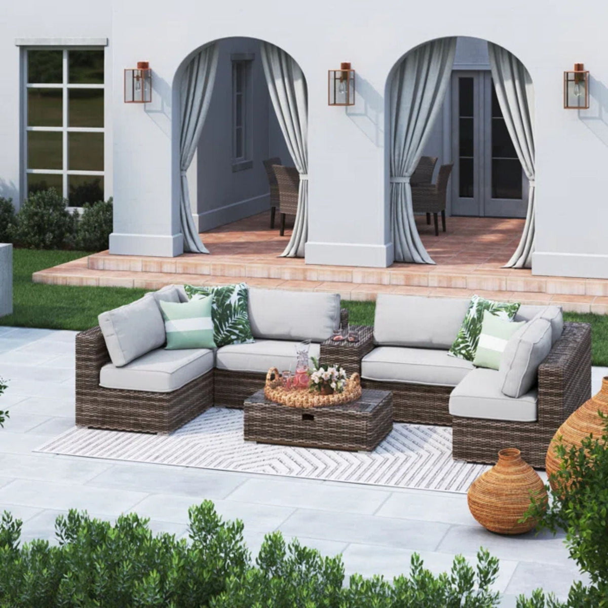 Elegant 4 Person Wicker Patio Seating Set With Cushions And Glass Top Table