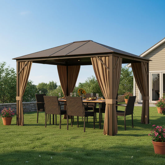 Backyard Retreat Pro Set: All-Weather Gazebo and Dining Combo for Ultimate Outdoor Living
