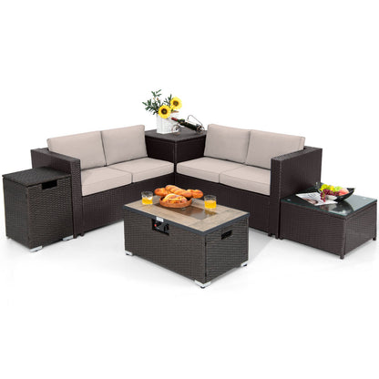 6 Pieces Outdoor Wicker Furniture Set with 32 Inch Propane Fire Pit Table