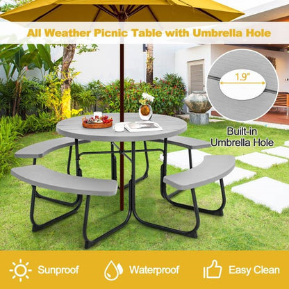 Grey All Weather 8 Seater Picnic Table Umbrella Hole