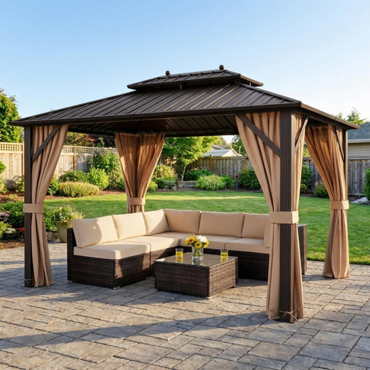 Outdoor Oasis Ultimate Combo: All-Weather Rattan Seating Set with Hardtop Gazebo Shelter