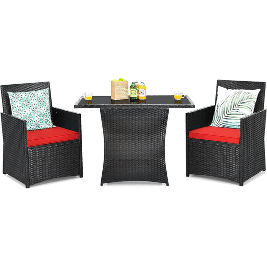 3-Piece Patio Furniture Outdoor Dining Set in Brown PE Rattan with Red Cushions