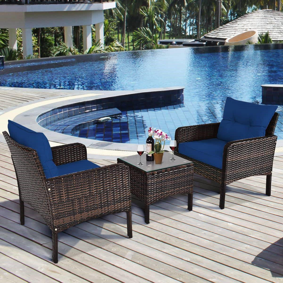 3-Piece Brown PE Rattan Outdoor Dining Patio Furniture Set with Blue Cushions