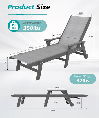 Outdoor Pool Lounge Chairs Set of 2, HDPE Patio Lounge Chair with Wheels