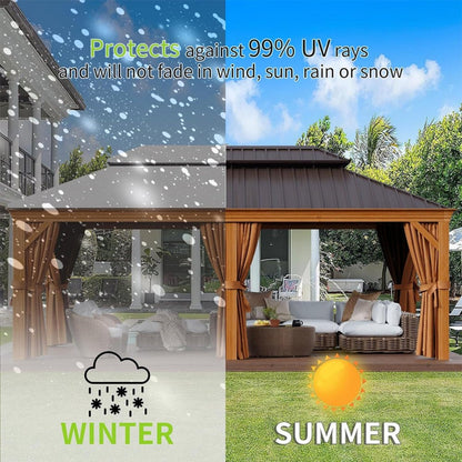 [12X20FT] Alora Premium Large Aluminum Hardtop Gazebo W/ Netting, Privacy Curtains And Wood Grain Finish (SAK58374)