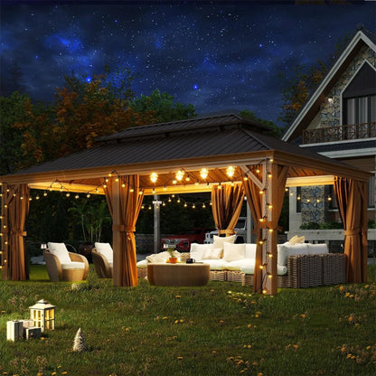 [12X20FT] Alora Premium Large Aluminum Hardtop Gazebo W/ Netting, Privacy Curtains And Wood Grain Finish (SAK58374)