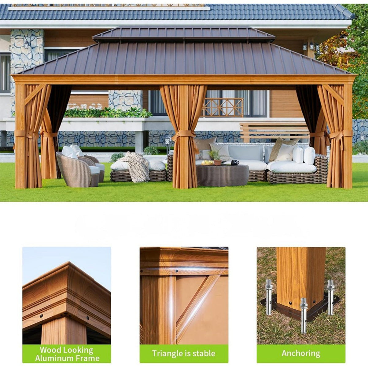 [12X20FT] Alora Premium Large Aluminum Hardtop Gazebo W/ Netting, Privacy Curtains And Wood Grain Finish (SAK58374)