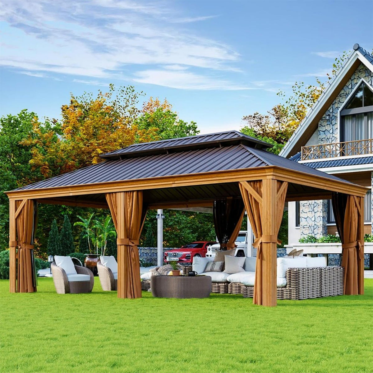 [12X20FT] Alora Premium Large Aluminum Hardtop Gazebo W/ Netting, Privacy Curtains And Wood Grain Finish (SAK58374)