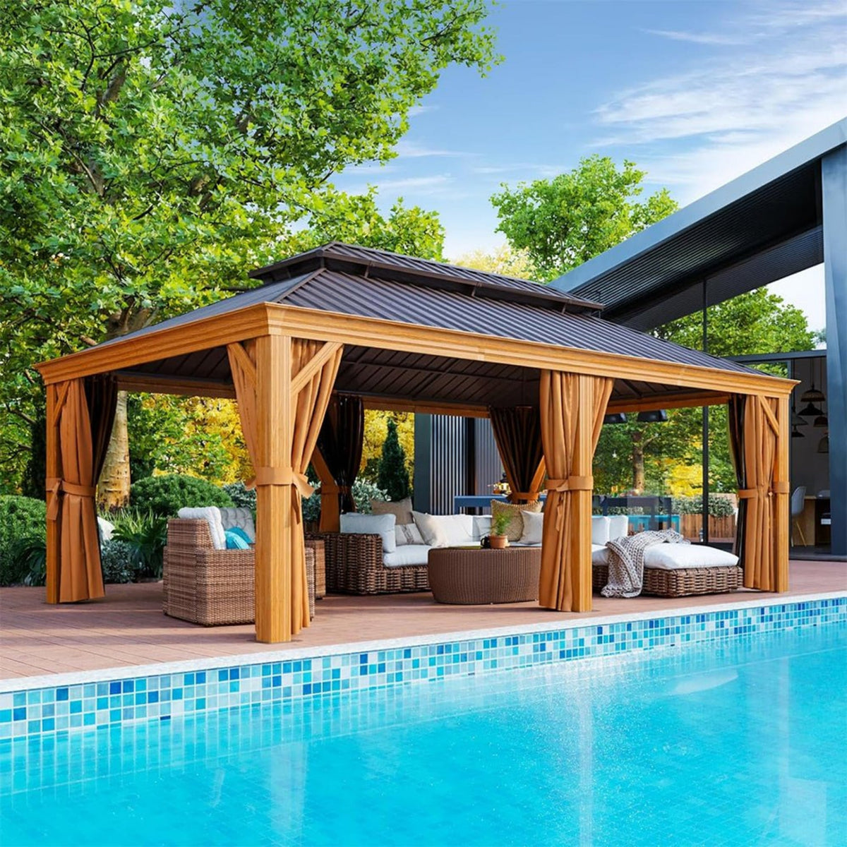 [12X20FT] Alora Premium Large Aluminum Hardtop Gazebo W/ Netting, Privacy Curtains And Wood Grain Finish (SAK58374)