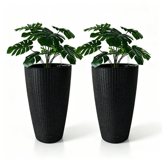 Set of 2 Faux Rattan Tall Planters