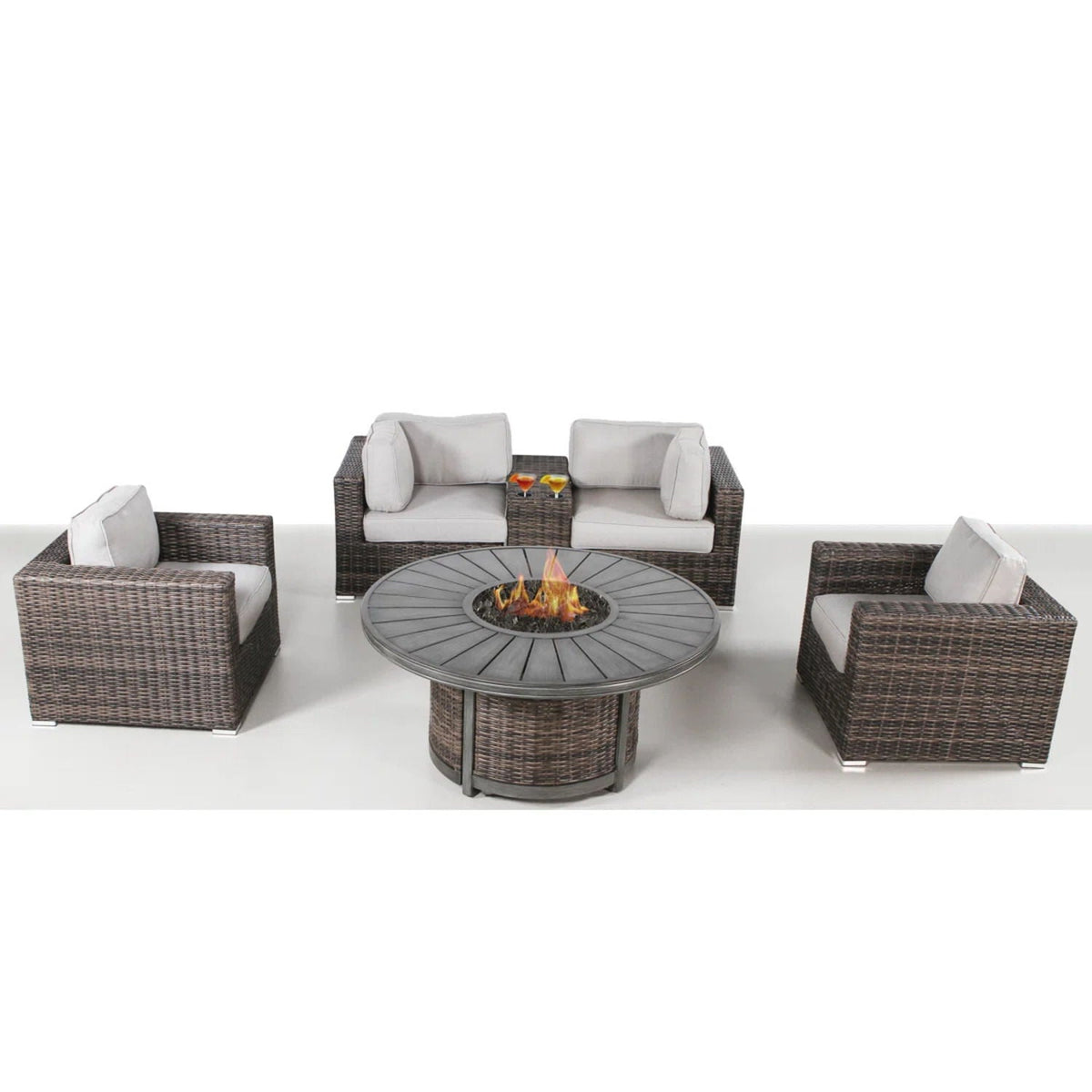 Patio Seating Group For 4 With Cushions And Fire Pit Table - Brown