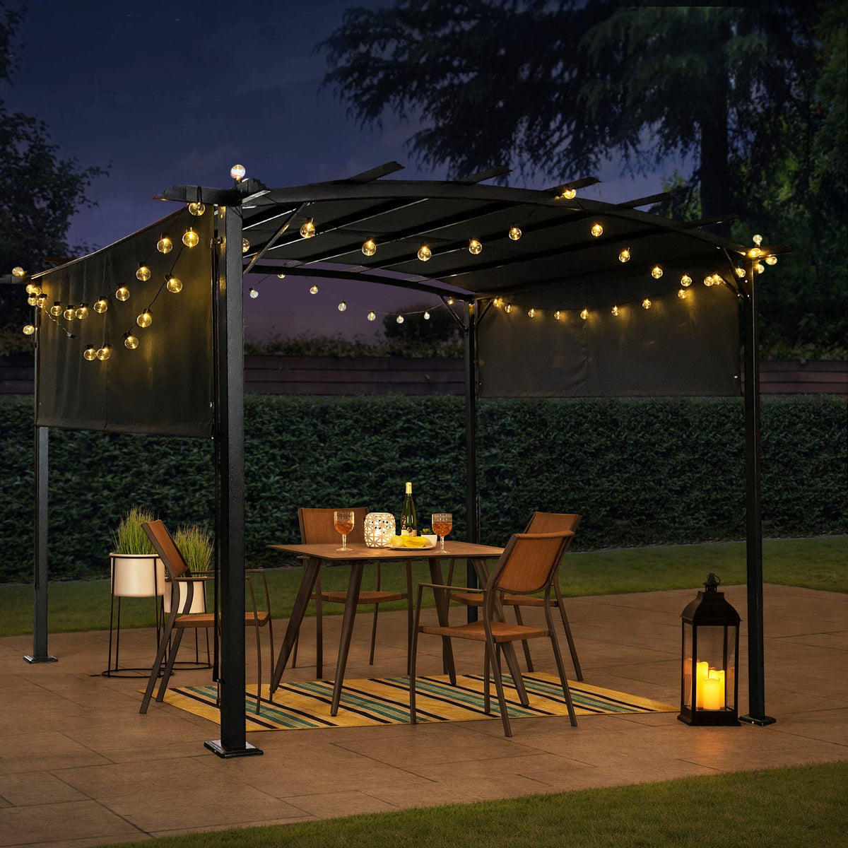 Outdoor Patio Pergola Gazebo - Steel Frame Sun Shelter With Retractable Canopy
