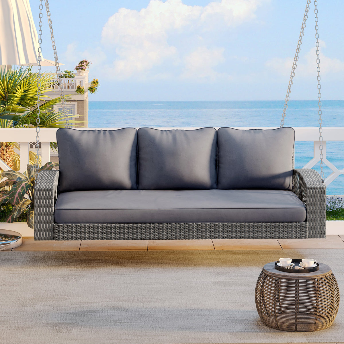 GO 69" PE Wicker 3-Person Porch Swing