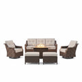 Luxurious 7 Piece Patio Furniture Set with Fire Pit Table, High Back Wicker Swivel Rocker Glider Outdoor Chairs with 6" Cushion, All-Weather Patio Conversation Set for Yard Garden - Brown/Beige