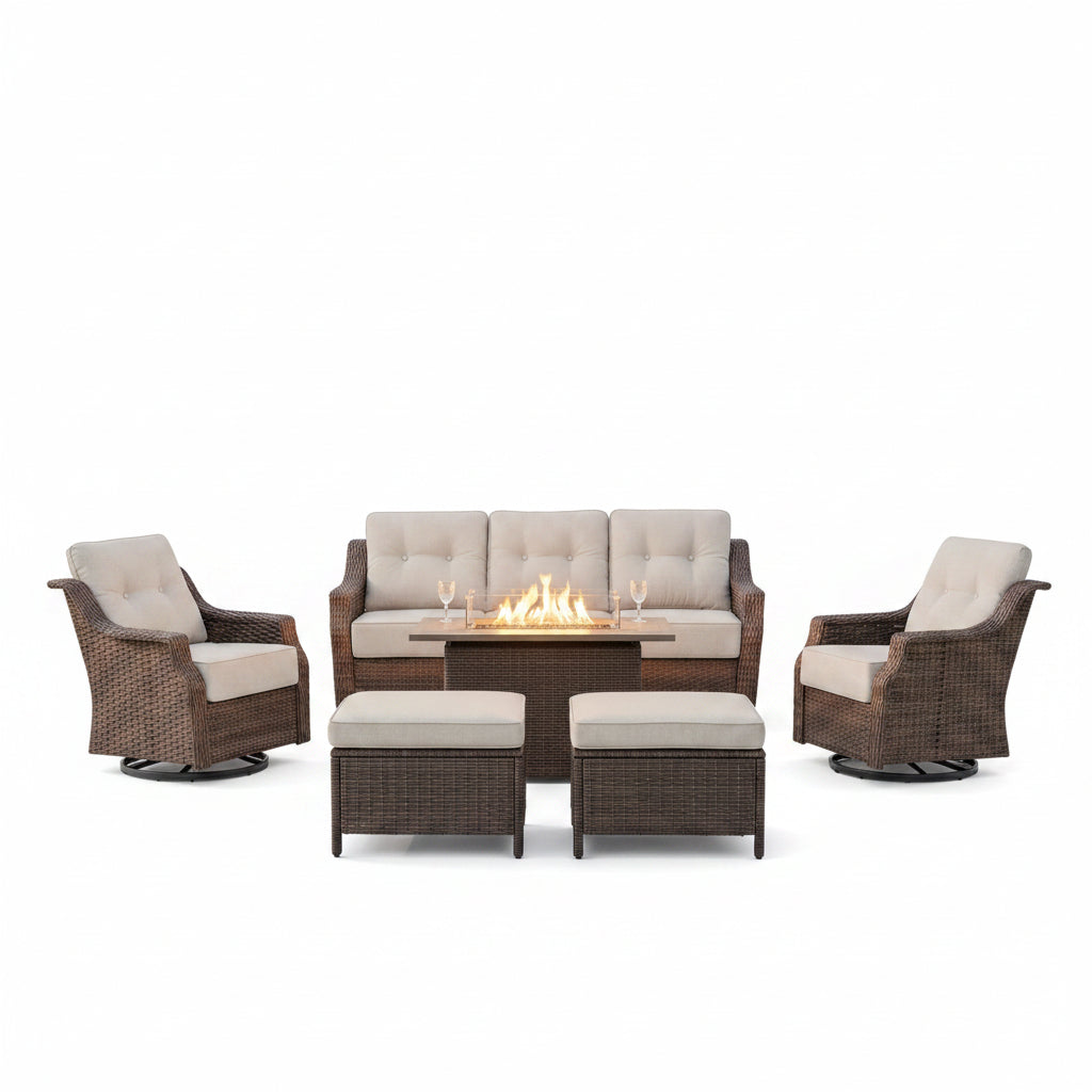 Luxurious 7 Piece Patio Furniture Set with Fire Pit Table, High Back Wicker Swivel Rocker Glider Outdoor Chairs with 6" Cushion, All-Weather Patio Conversation Set for Yard Garden - Brown/Beige