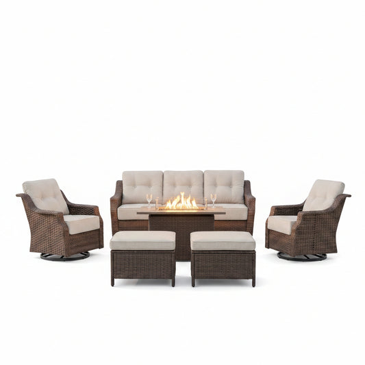 Luxurious 7 Piece Patio Furniture Set with Fire Pit Table, High Back Wicker Swivel Rocker Glider Outdoor Chairs with 6" Cushion, All-Weather Patio Conversation Set for Yard Garden - Brown/Beige
