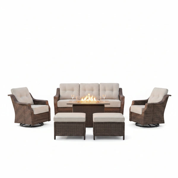 Luxurious 7 Piece Patio Furniture Set with Fire Pit Table, High Back Wicker Swivel Rocker Glider Outdoor Chairs with 6" Cushion, All-Weather Patio Conversation Set for Yard Garden - Brown/Beige