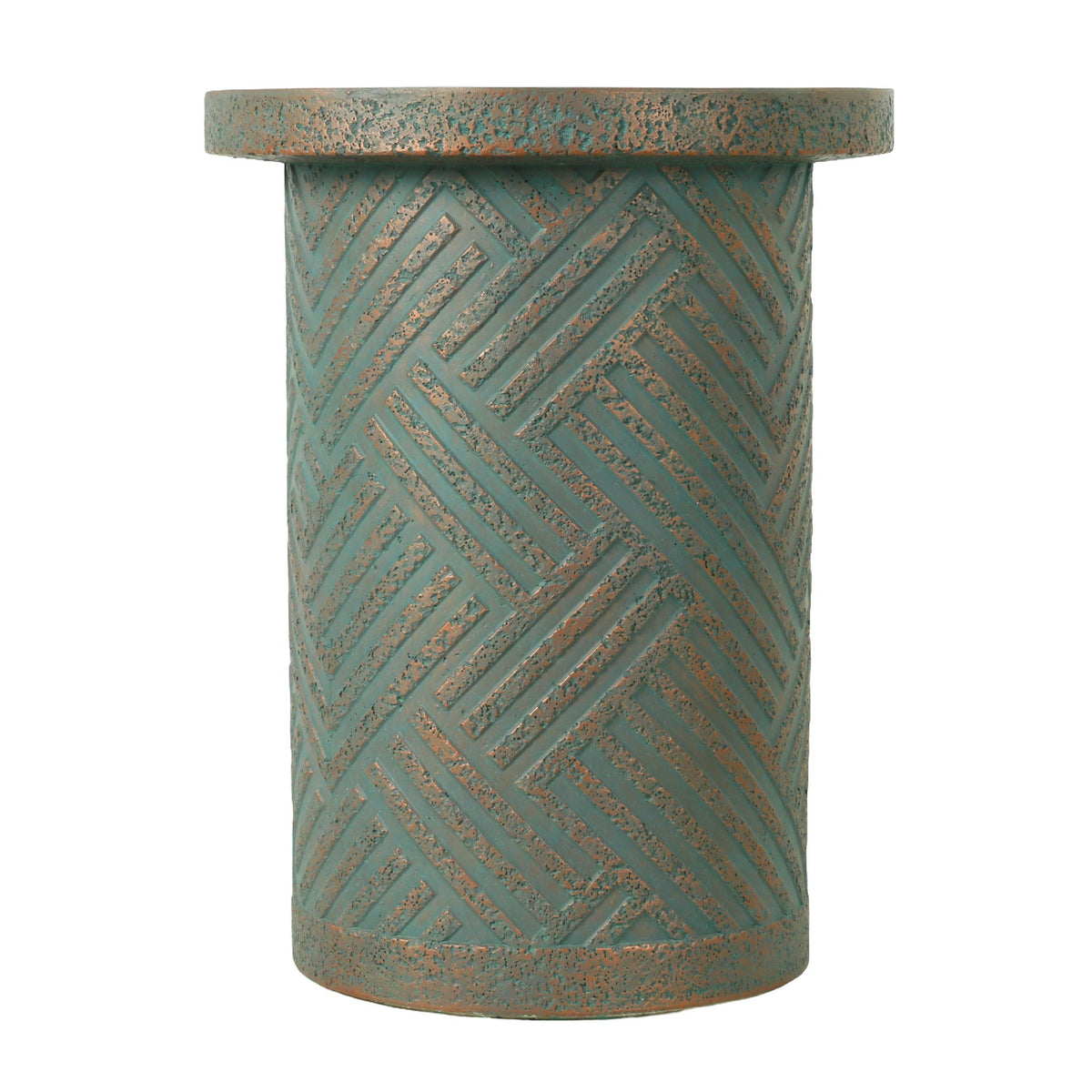 Round Outdoor End Table With Tree Stump Design For Patio - Golden / Green / Peacock