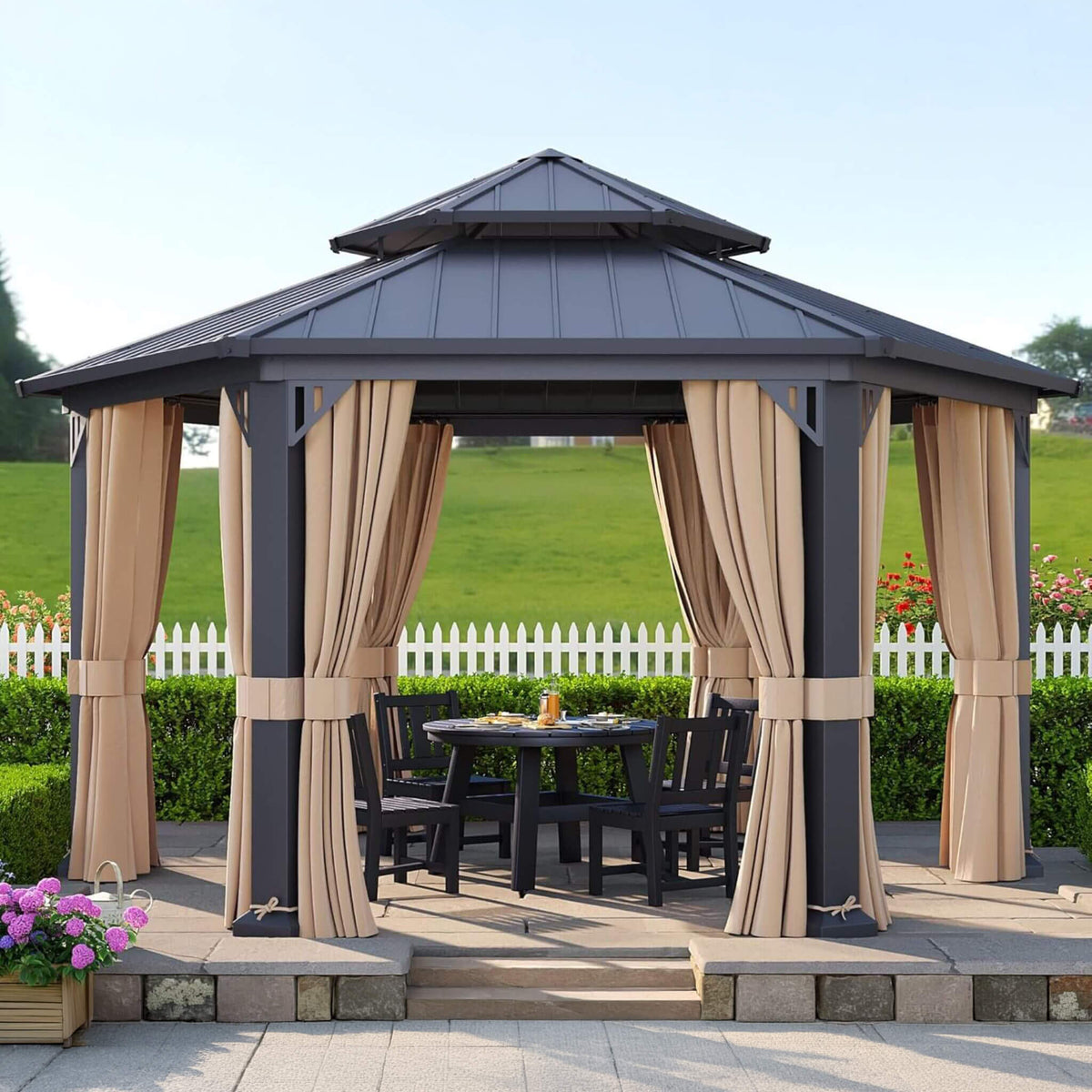 [13X15FT] Alora Double-Tier Hexagonal Metal Hardtop Patio Gazebo With Curtains (SAK84137)