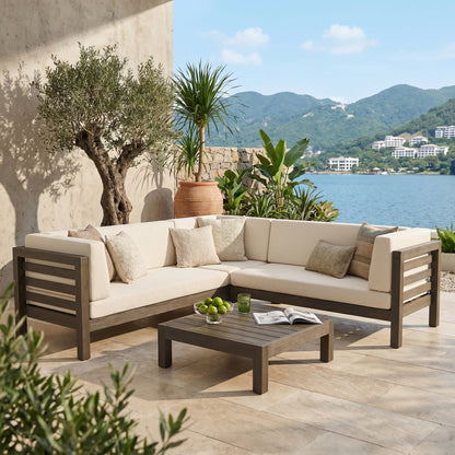 Oana Outdoor Wooden Sectional Set With Cushions