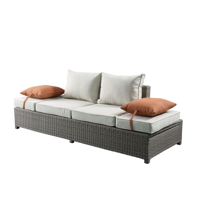 Salena - Patio Sofa With 2 Pillows & Ottoman - Beige Fabric & Gray Wicker