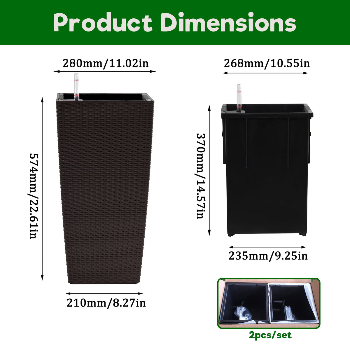 Pack of 2 Square Planters with Automatic Watering System