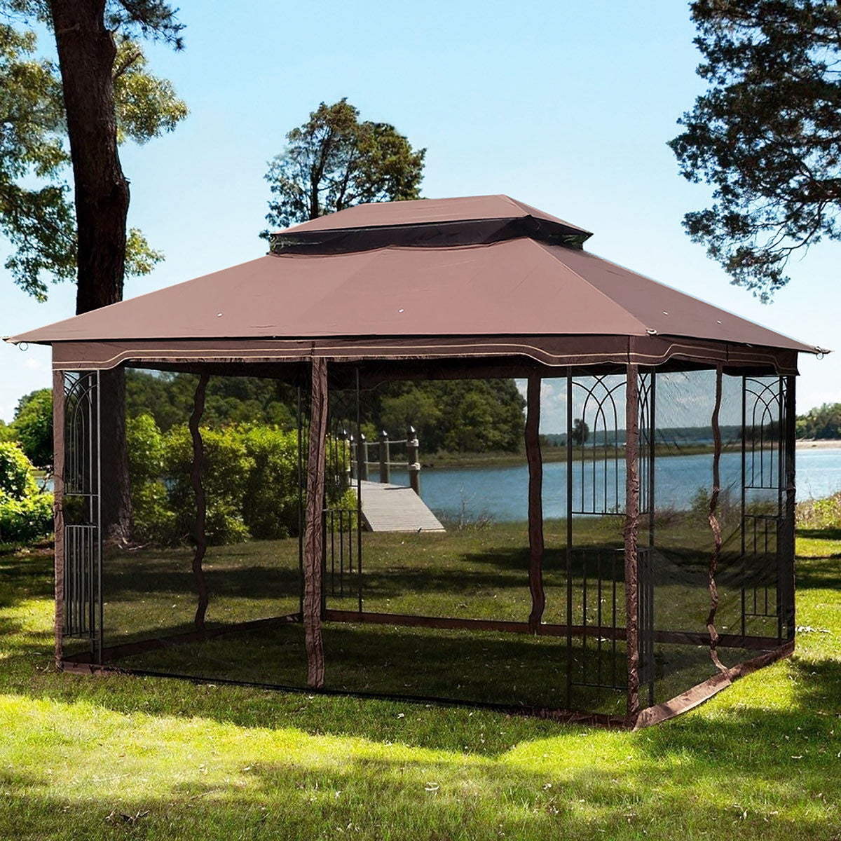 13 0 Outdoor Patio Gazebo Canopy Tent With Ventilated Double Roof And Mosquito Net (Detachable Mesh Screen On All Sides) Suitable For Lawn Garden Backyard And Deck Top - Brown