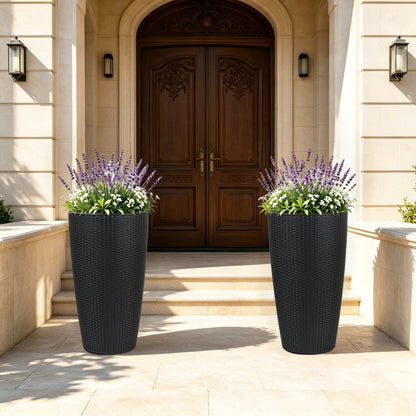 Set of 2 Faux Rattan Tall Planters