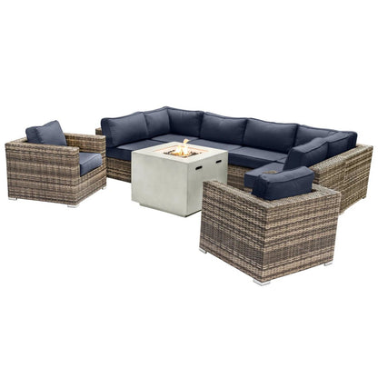 Premium 6 Person Wicker Patio Seating Group With Deep Cushions And Concrete Fire Pit - Gray Mix
