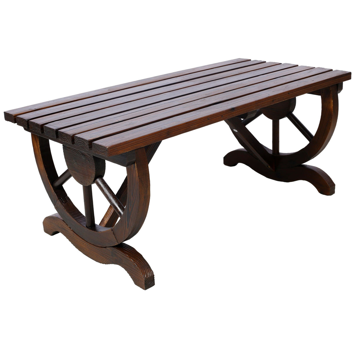 Rustic Wooden Bench With Wagon Wheel Legs For Garden And Patio - Brown