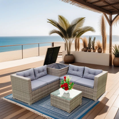 4 Piece Patio Sectional Wicker Rattan Outdoor Furniture Sofa Set With Storage Box