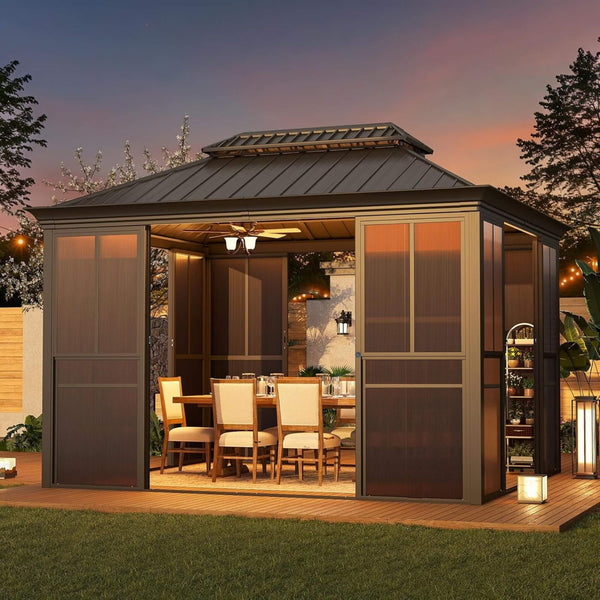 Alora Terrace Fully-Enclosed Outdoor Black Sunroom With Lockable Sliding Doors And Galvanized Double Steel Roof (SAK81634)