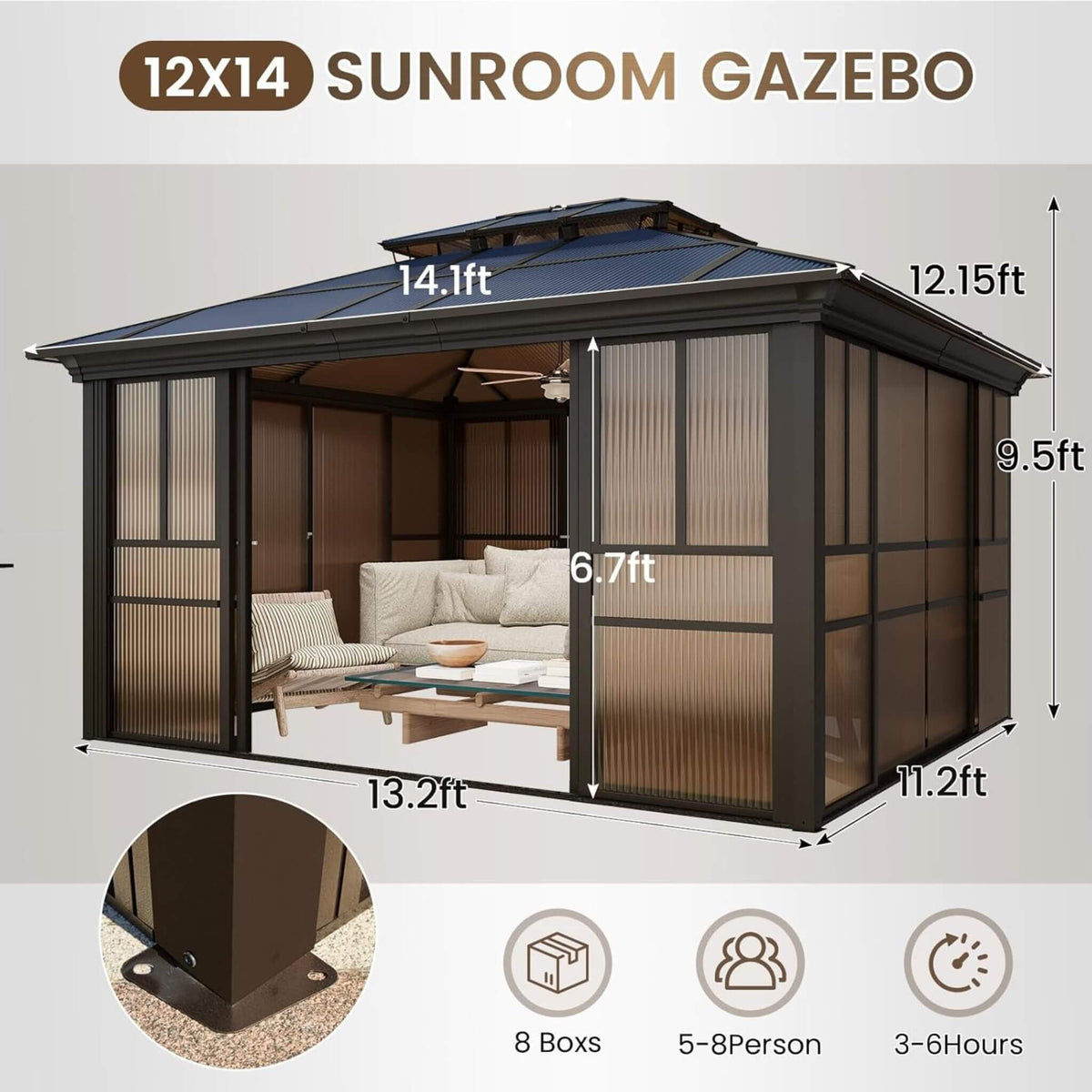 Alora Edge Heavy-Duty Aluminum Frame Outdoor Backyard Solarium With Polycarbornate Roof And Adjustable Panels (SAK68513)