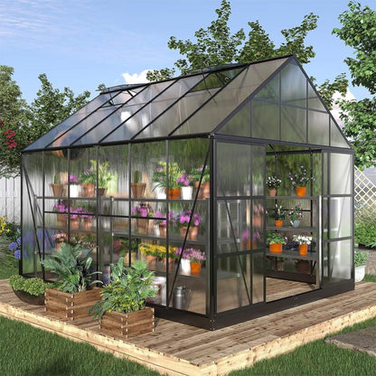 [10X12FT] Heavy-Duty Outdoor Walk-In Polycarbonate Patio Greenhouse With Sliding Doors & Vents (SAK92846)