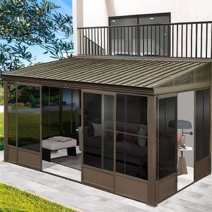 [12X14FT] Alora Haven Large Outdoor All-Season Wall-Mounted Sunroom With Galvanized Steel Roof & Moveable PVC Screen (SAK46475)