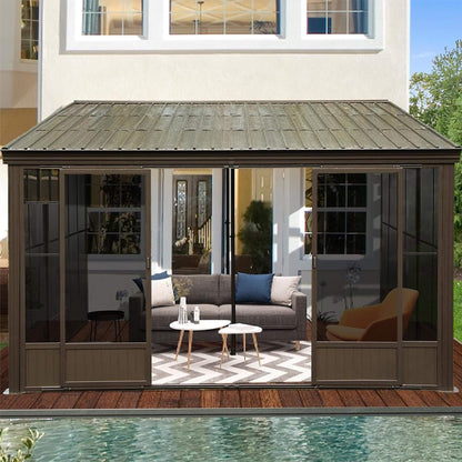 [12X14FT] Alora Haven Large Outdoor All-Season Wall-Mounted Sunroom With Galvanized Steel Roof & Moveable PVC Screen (SAK46475)