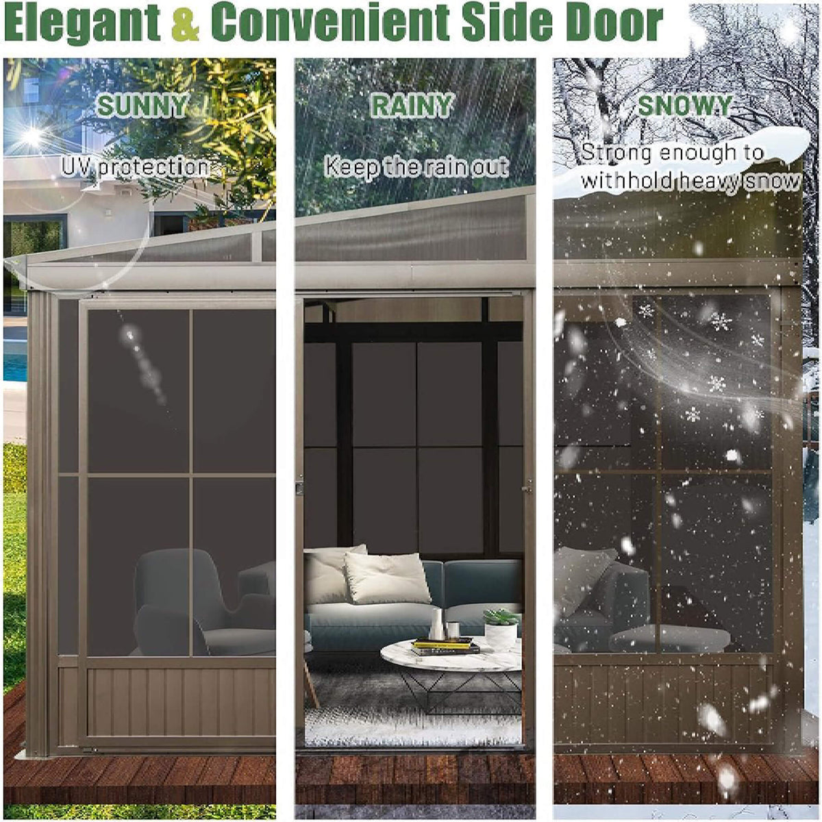 [12X14FT] Alora Haven Large Outdoor All-Season Wall-Mounted Sunroom With Galvanized Steel Roof & Moveable PVC Screen (SAK46475)
