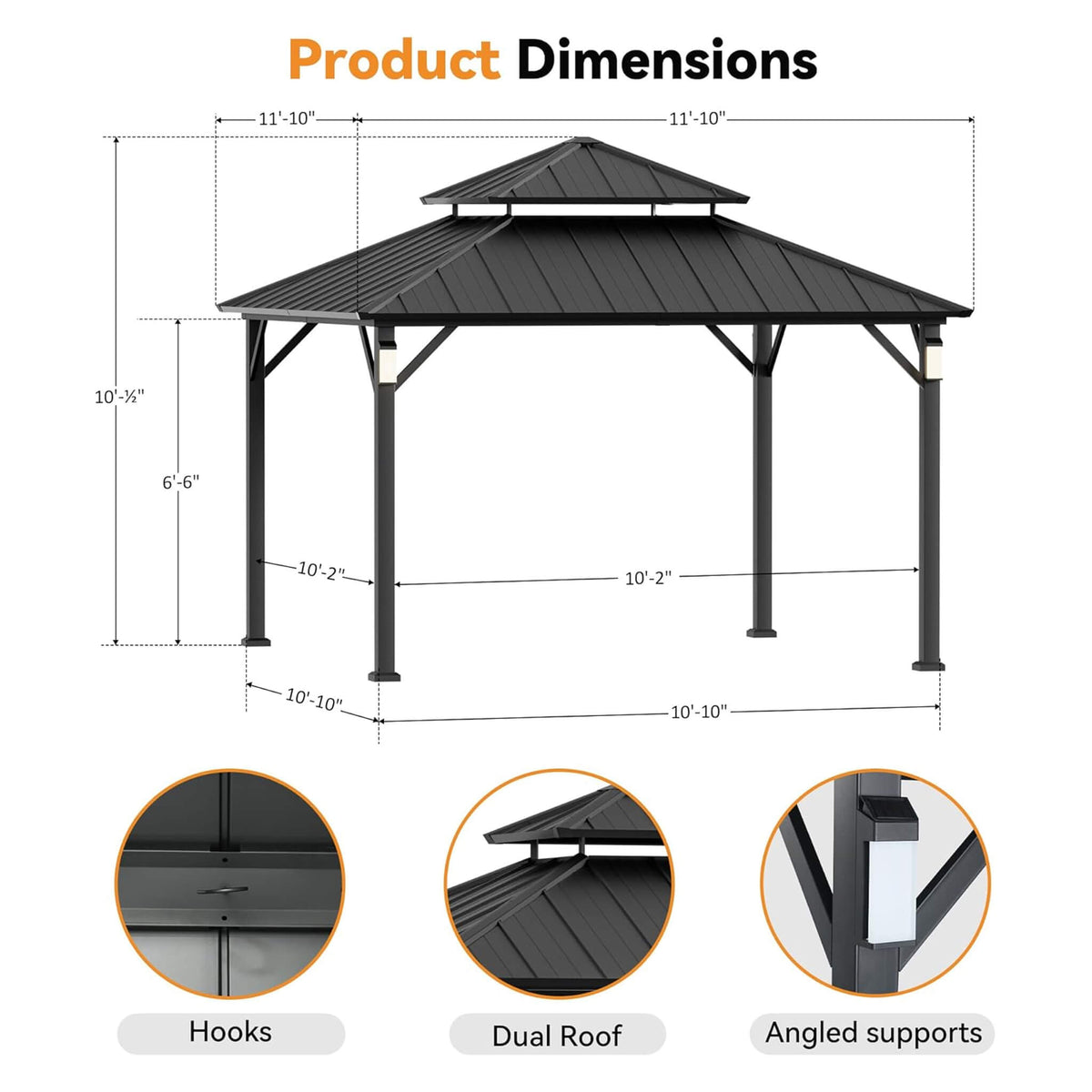 Alora Luxury Double Roof Hardtop Aluminum Gazebo With Decor Hooks, Mosquito Nettings, And LED Lights (SAK91824)