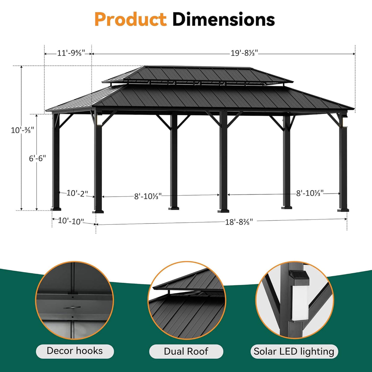 Alora Luxury Double Roof Hardtop Aluminum Gazebo With Decor Hooks, Mosquito Nettings, And LED Lights (SAK91824)