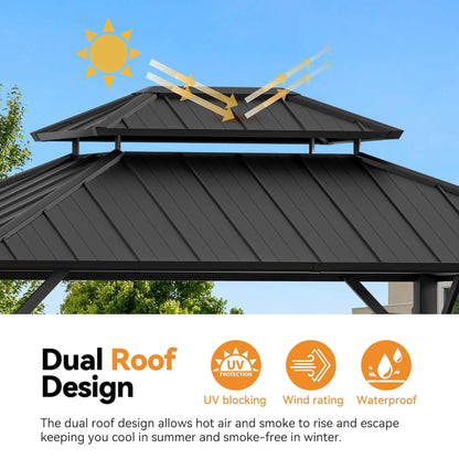 Alora Luxury Double Roof Hardtop Aluminum Gazebo With Decor Hooks, Mosquito Nettings, And LED Lights (SAK91824)