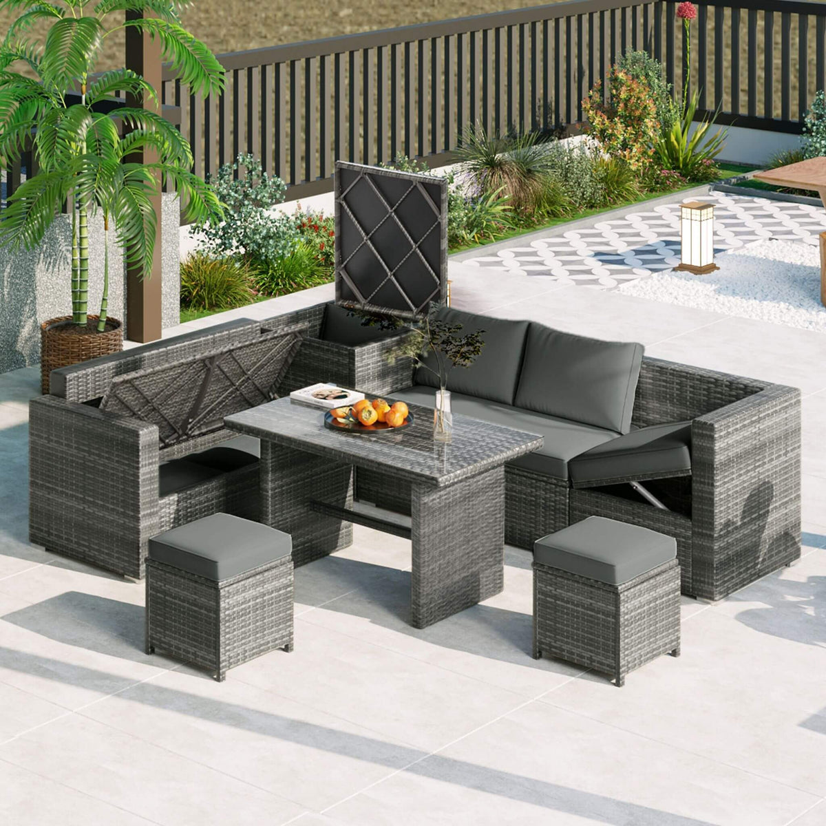 Alora Outdoor 6-Piece All-Weather PE Rattan Sofa Set With Adjustable Seat, Storage Box, Removable Covers, And Tempered Glass Table Top (SAK37221)