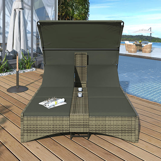 Alora Outdoor Rattan Patio Daybed With Adjustable Backrest, Canopy Roof, Storage Box And Cup Holders (SAK54220)