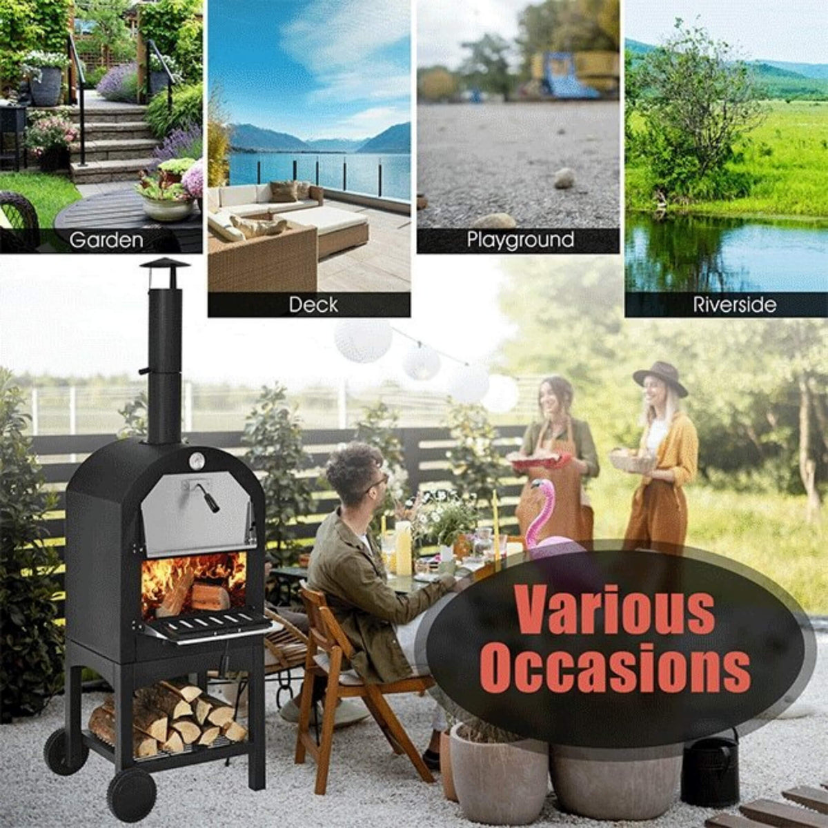Portable Outdoor Wood Fired Pizza Oven W/ Pizza Stone & Waterproof Cover (SAK82635)