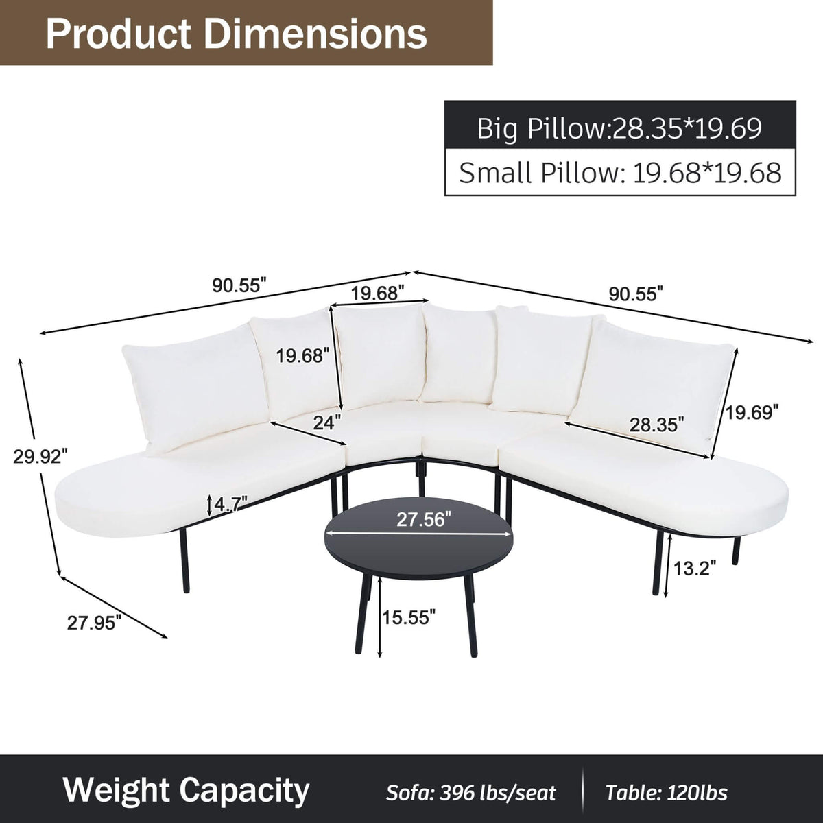 Alora Premium Half-Moon 6-Person Curved All-Weather Outdoor Furniture Sofa Patio Set With Coffee Table And Cushions (SAK76332)