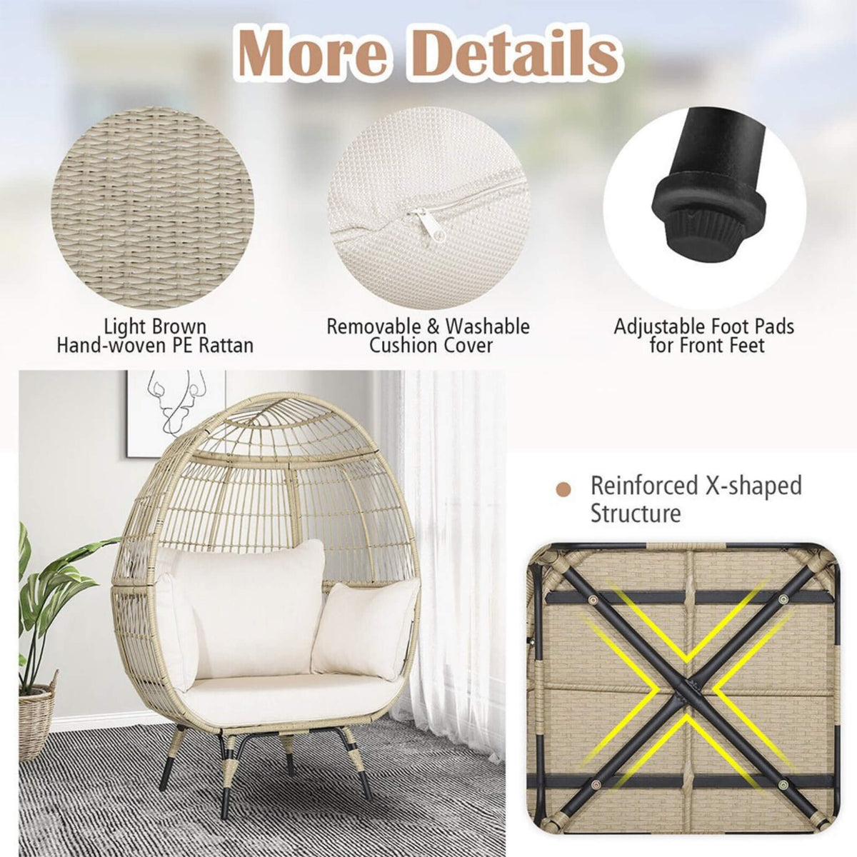 Alora Premium 57-Inch Oversized Rattan Patio Egg Lounge Chair Basket With Cushions (SAK91684)