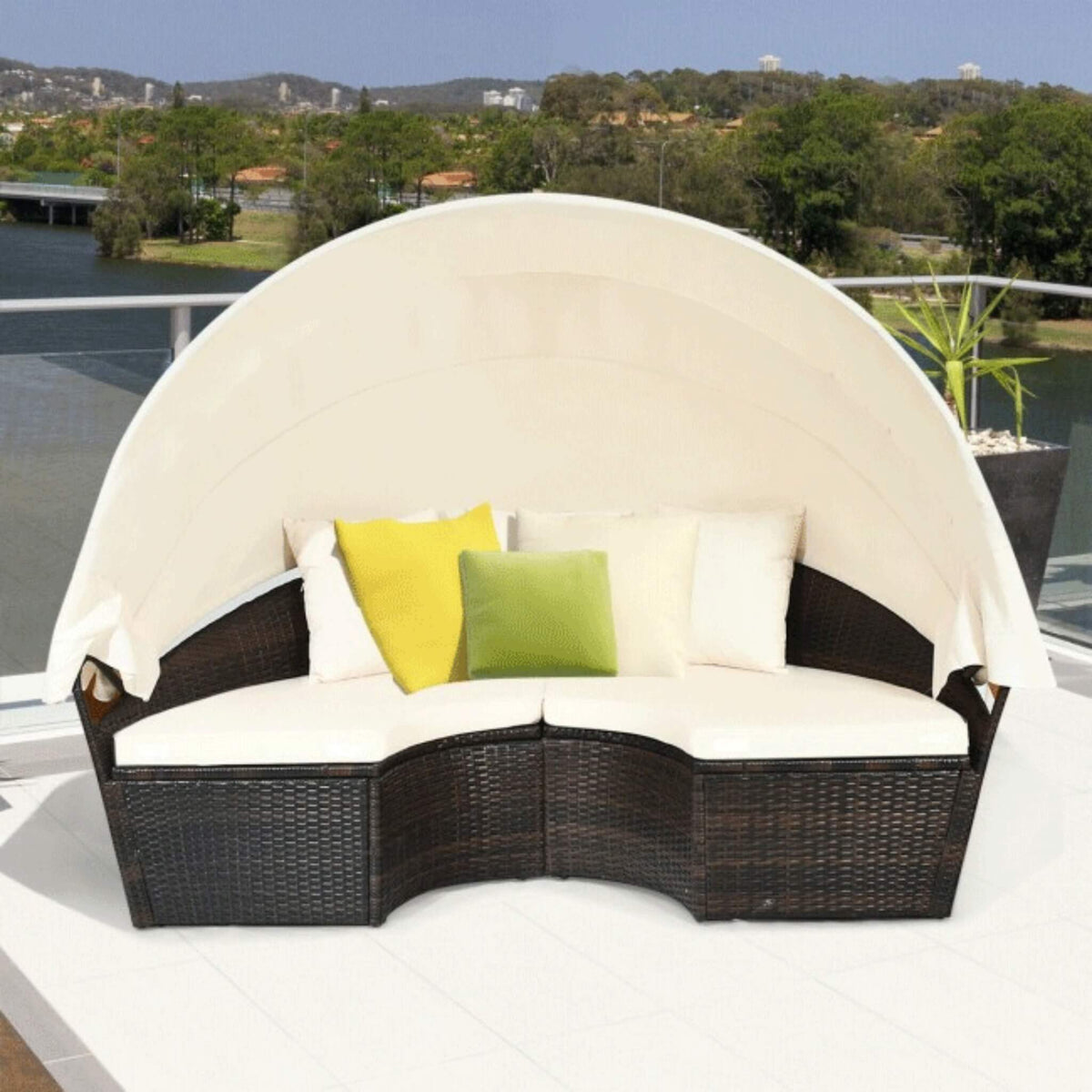 Alora Premium 76-Inch Round Outdoor Patio Rattan Daybed W/ Canopy & Table (SAK96418)